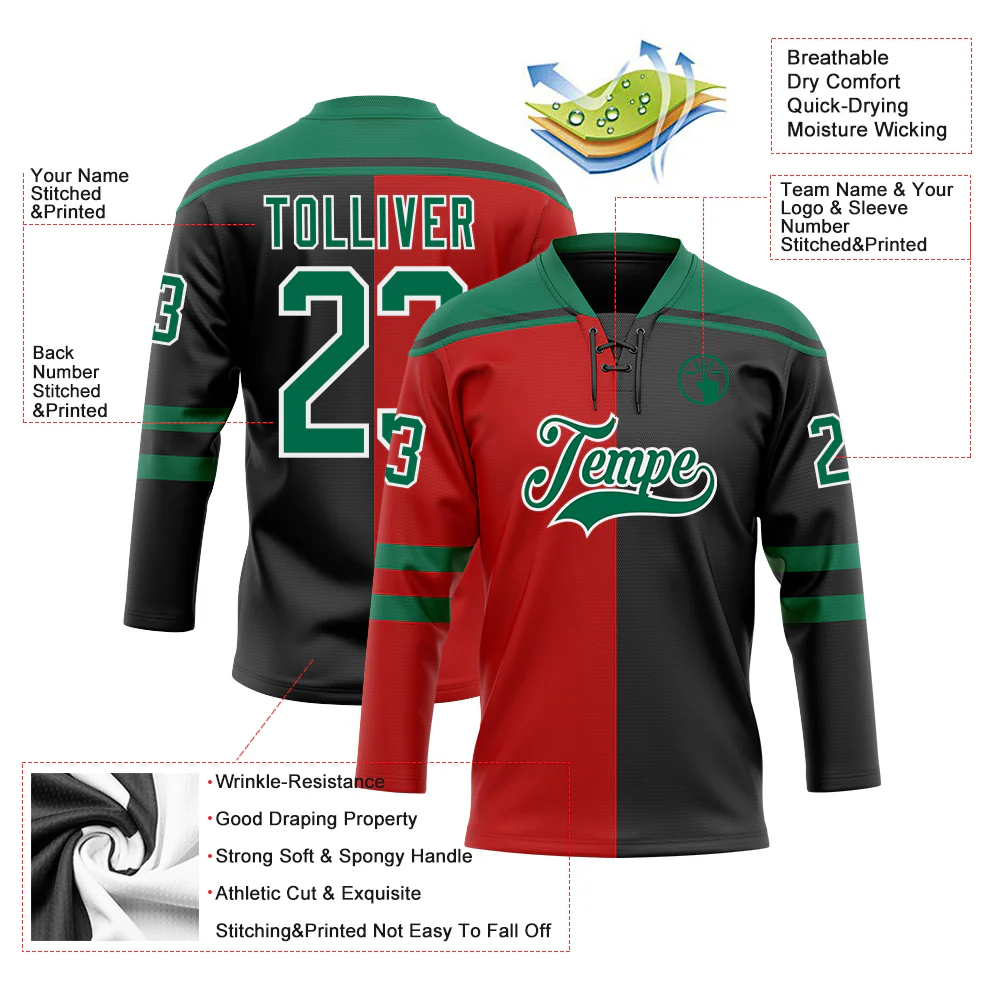 Custom Black Kelly Green Red-White Split Fashion Hockey Lace Neck Jersey - Image 5