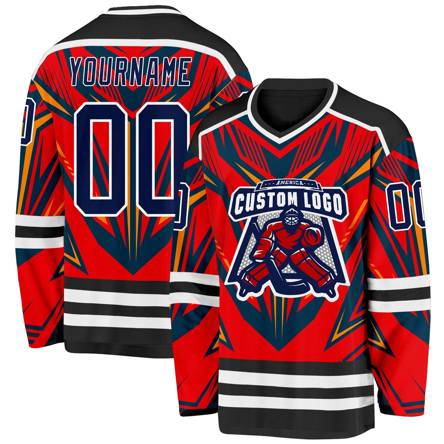 Custom Black Navy Red Orange-White Cyber Mecha E-sport Hockey Jersey - Image 2