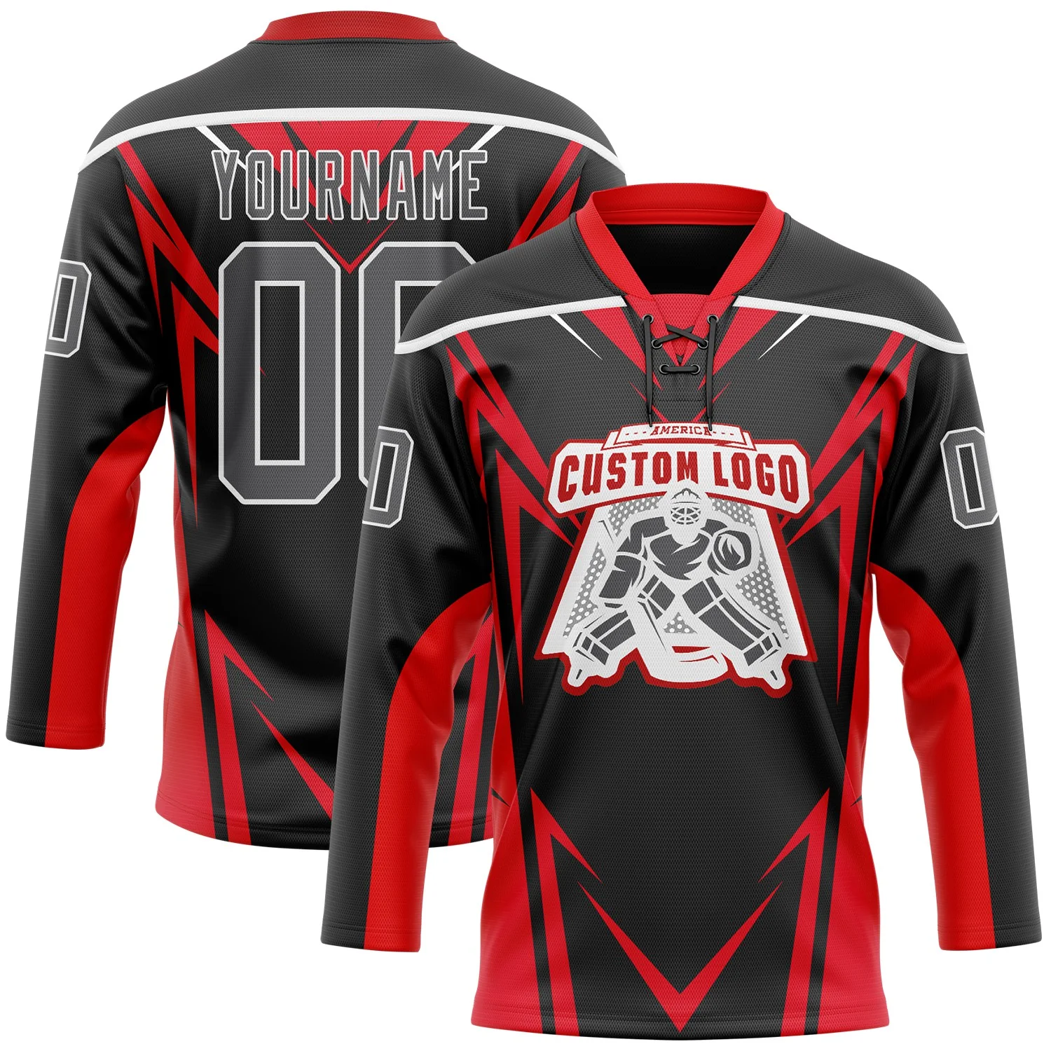 Custom Black Steel Gray Red-White Abstract Pattern Graphic Cyber Mecha E-sport Hockey Lace Neck Jersey - Image 2