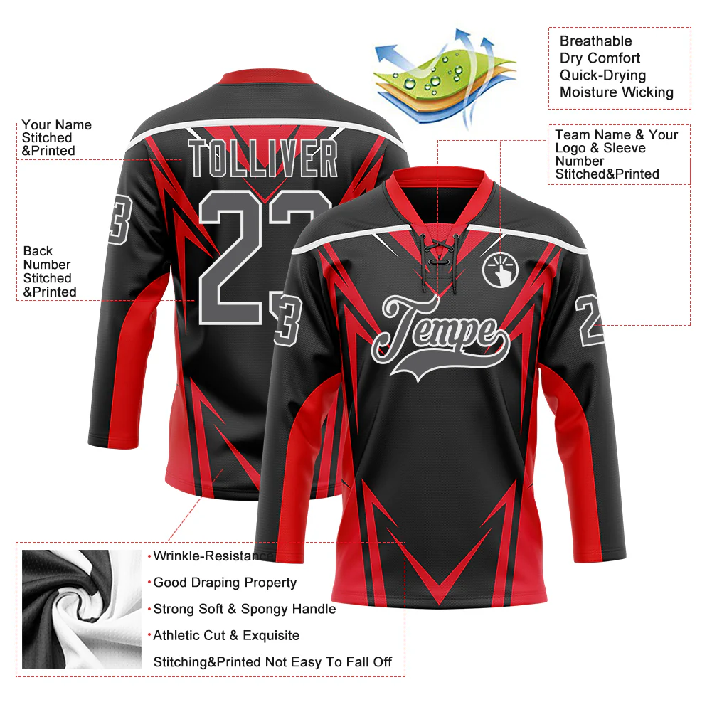 Custom Black Steel Gray Red-White Abstract Pattern Graphic Cyber Mecha E-sport Hockey Lace Neck Jersey - Image 5