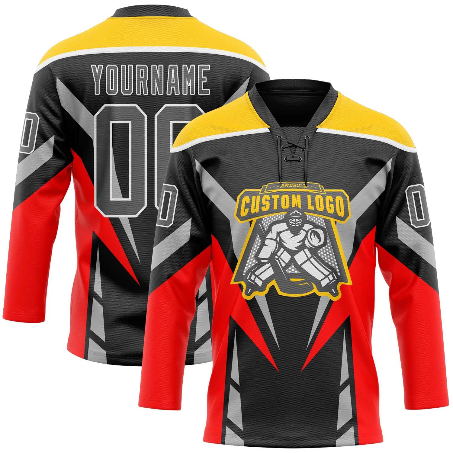 Custom Black Steel Gray Red Yellow-White Abstract Pattern Graphic Cyber Mecha E-sport Hockey Lace Neck Jersey - Image 2