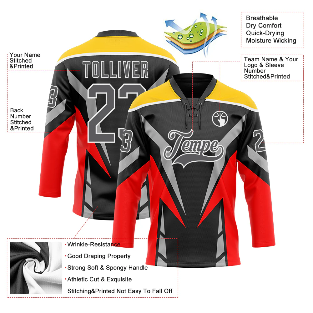 Custom Black Steel Gray Red Yellow-White Abstract Pattern Graphic Cyber Mecha E-sport Hockey Lace Neck Jersey - Image 5