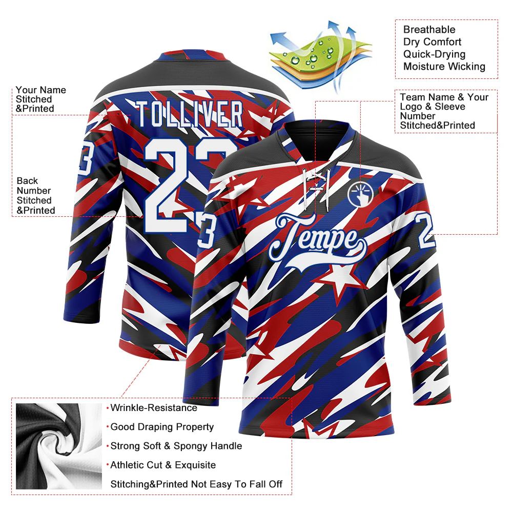 Custom Black White Red-Royal American Flag Hockey Lace Neck Jersey - Image 5