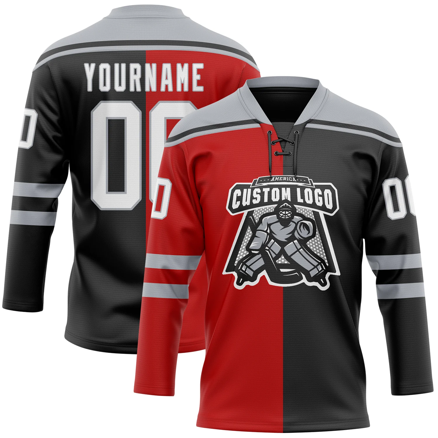 Custom Black White Red-Gray Split Fashion Hockey Lace Neck Jersey - Image 2