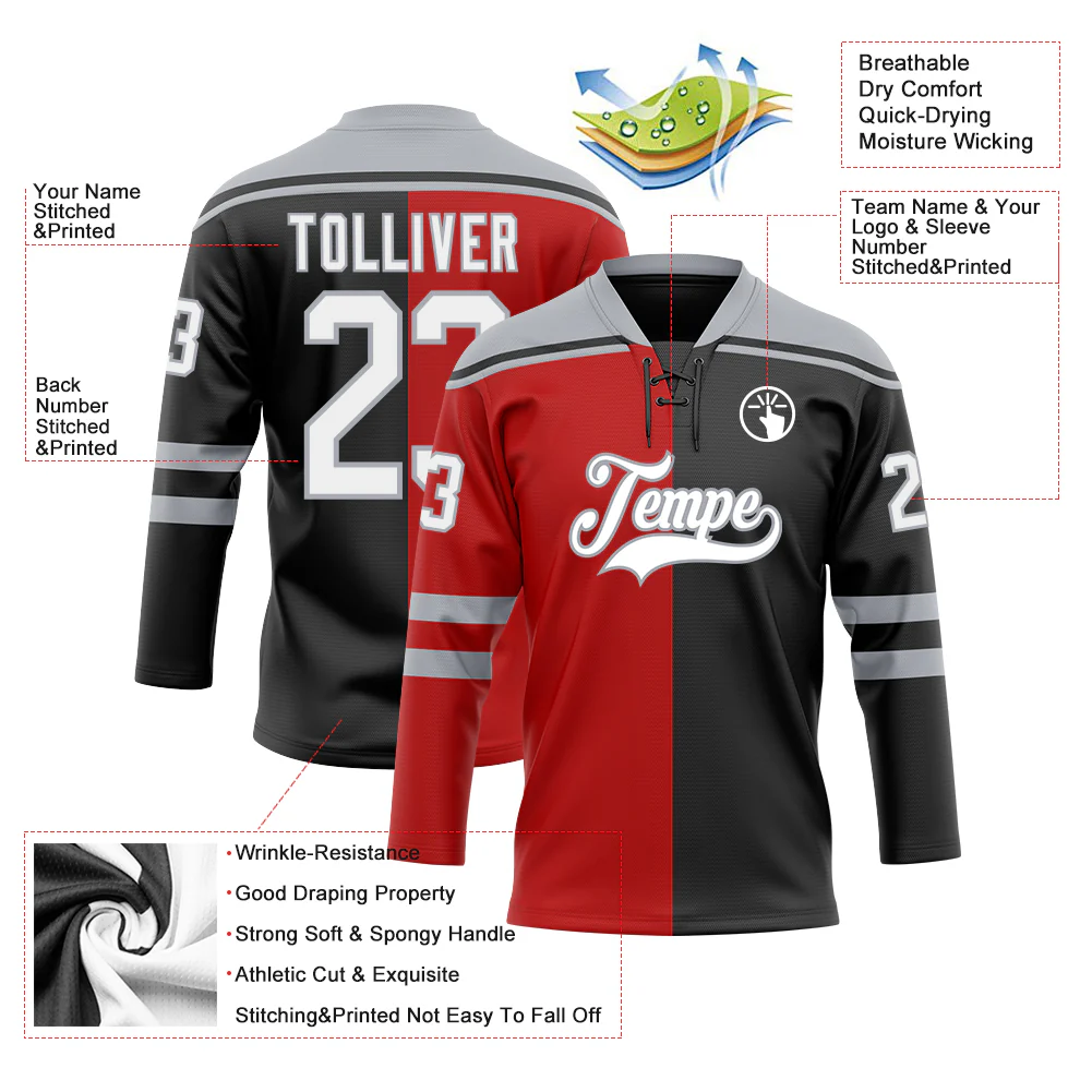 Custom Black White Red-Gray Split Fashion Hockey Lace Neck Jersey - Image 5