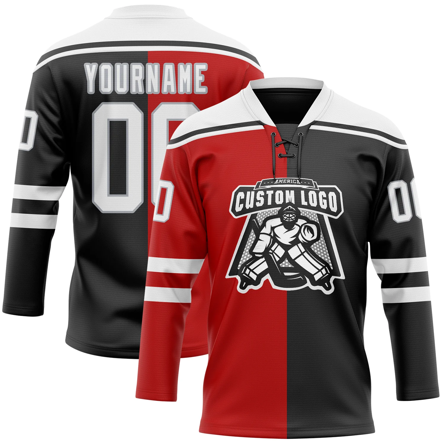Custom Black White Red-Gray Split Fashion Hockey Lace Neck Jersey - Image 2