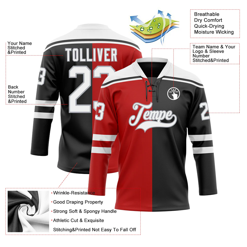 Custom Black White Red-Gray Split Fashion Hockey Lace Neck Jersey - Image 5