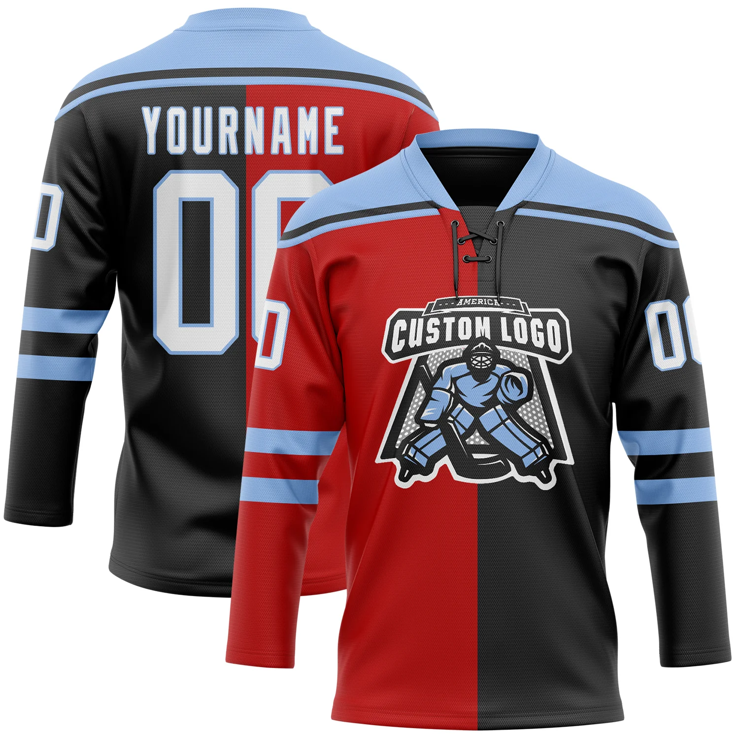 Custom Black White Red-Light Blue Split Fashion Hockey Lace Neck Jersey - Image 2