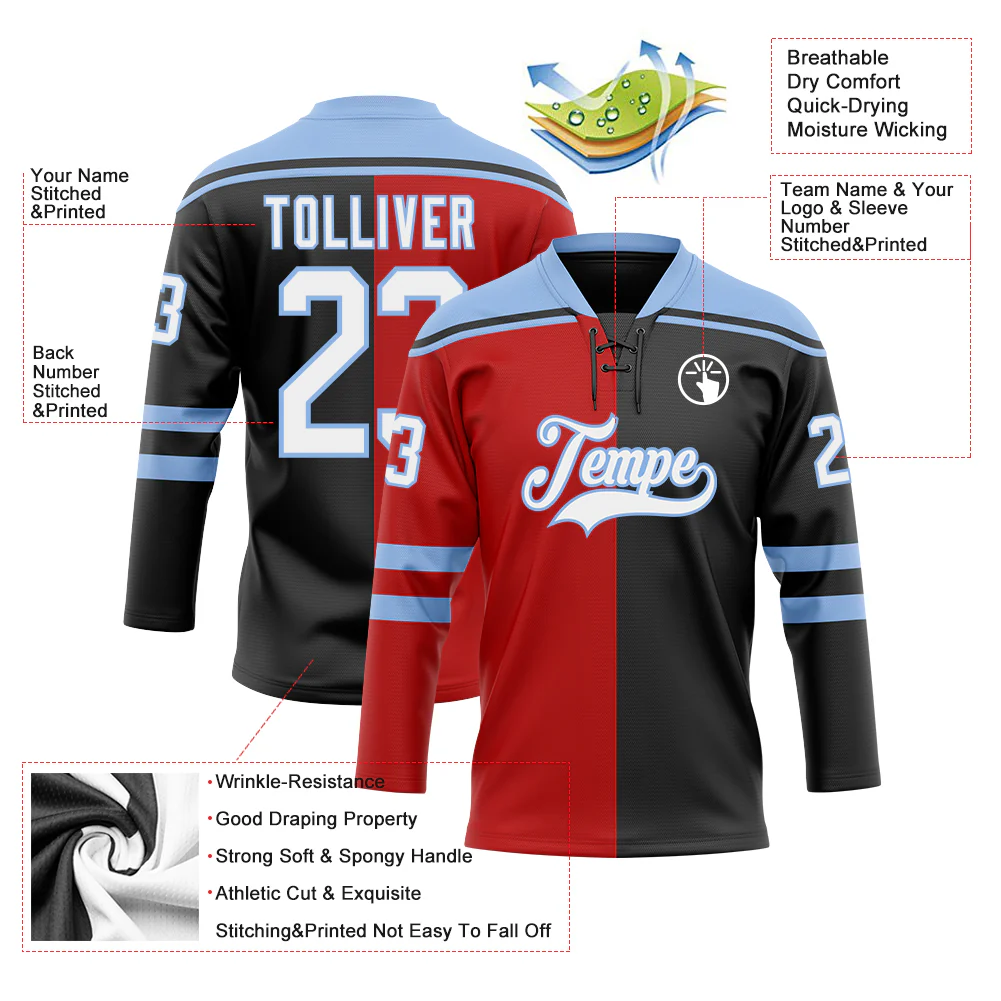 Custom Black White Red-Light Blue Split Fashion Hockey Lace Neck Jersey - Image 5