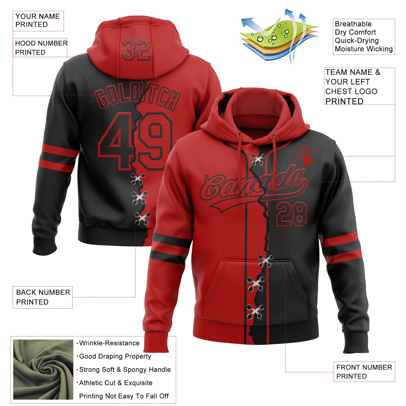 Custom Black Red Split Ripped Pattern Baseball Pullover Sweatshirt Hoodie - Image 4