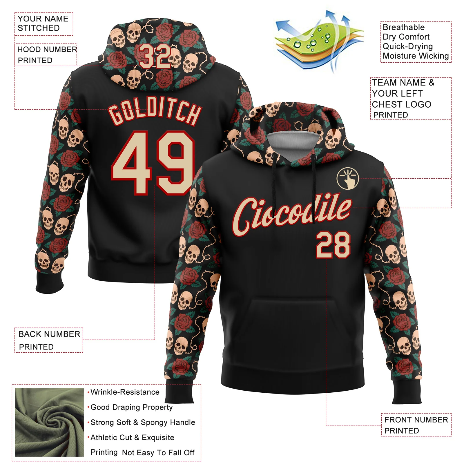 Custom Black City Cream-Red 3D Skull Roses Tattoo Floral Sports Pullover Sweatshirt Hoodie - Image 2