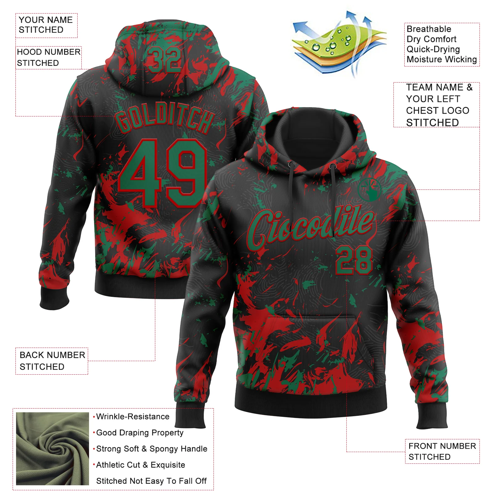 Custom Stitched Black Kelly Green-Red Splash Sports Pullover Sweatshirt Hoodie - Image 4