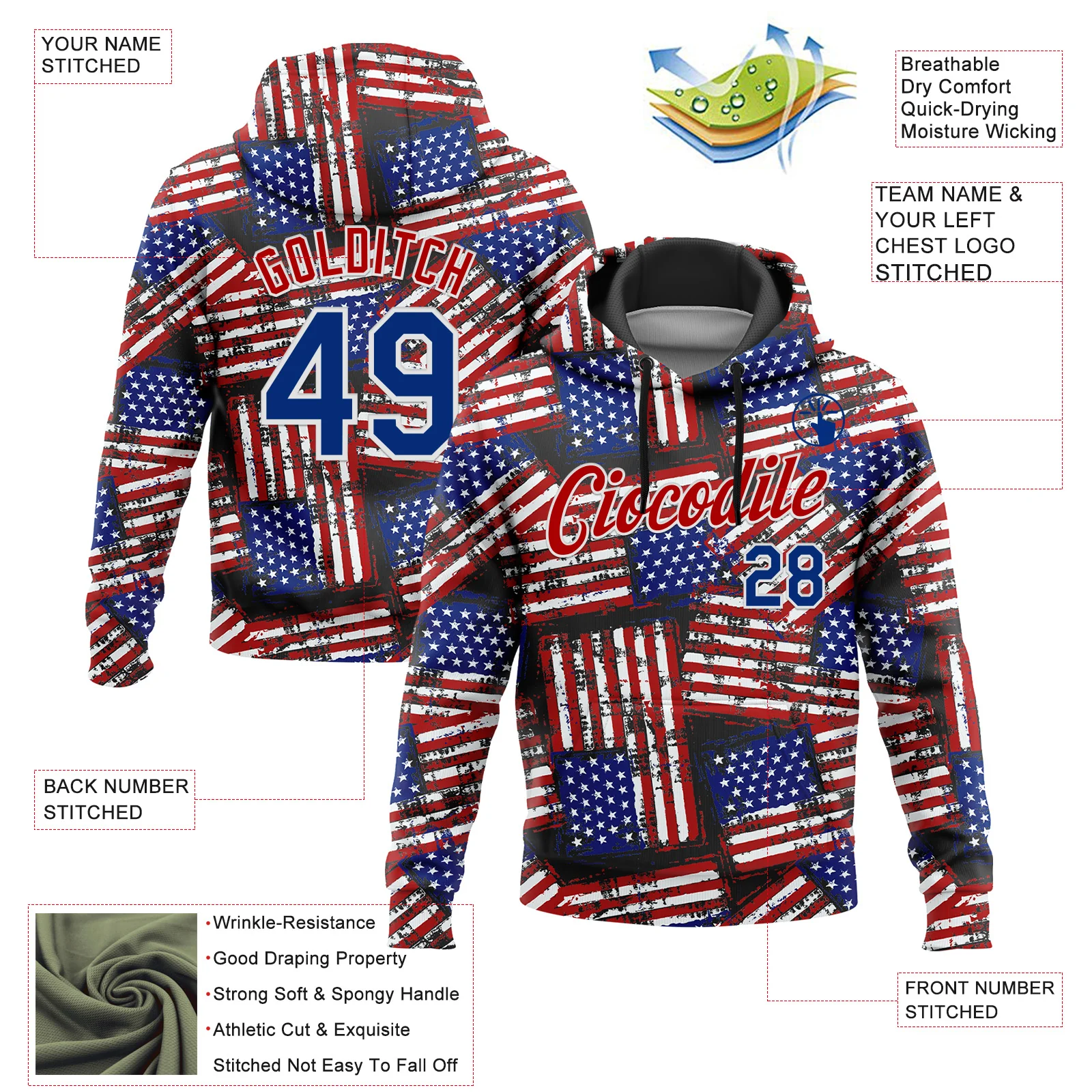 Custom Stitched Black Royal Red-White 3D American Flag Retro Distressed Grunge Sports Pullover Sweatshirt Hoodie - Image 2