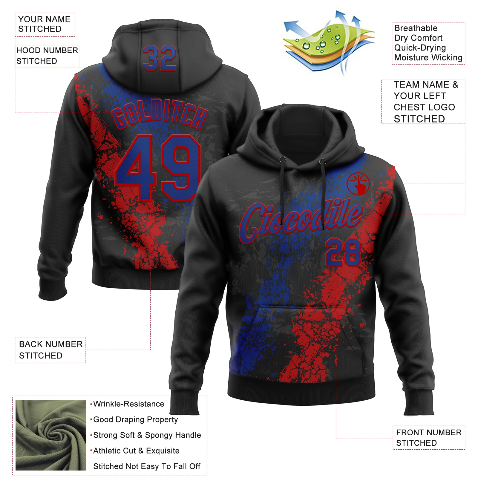 Custom Stitched Black Royal-Red Splash Sports Pullover Sweatshirt Hoodie - Image 4