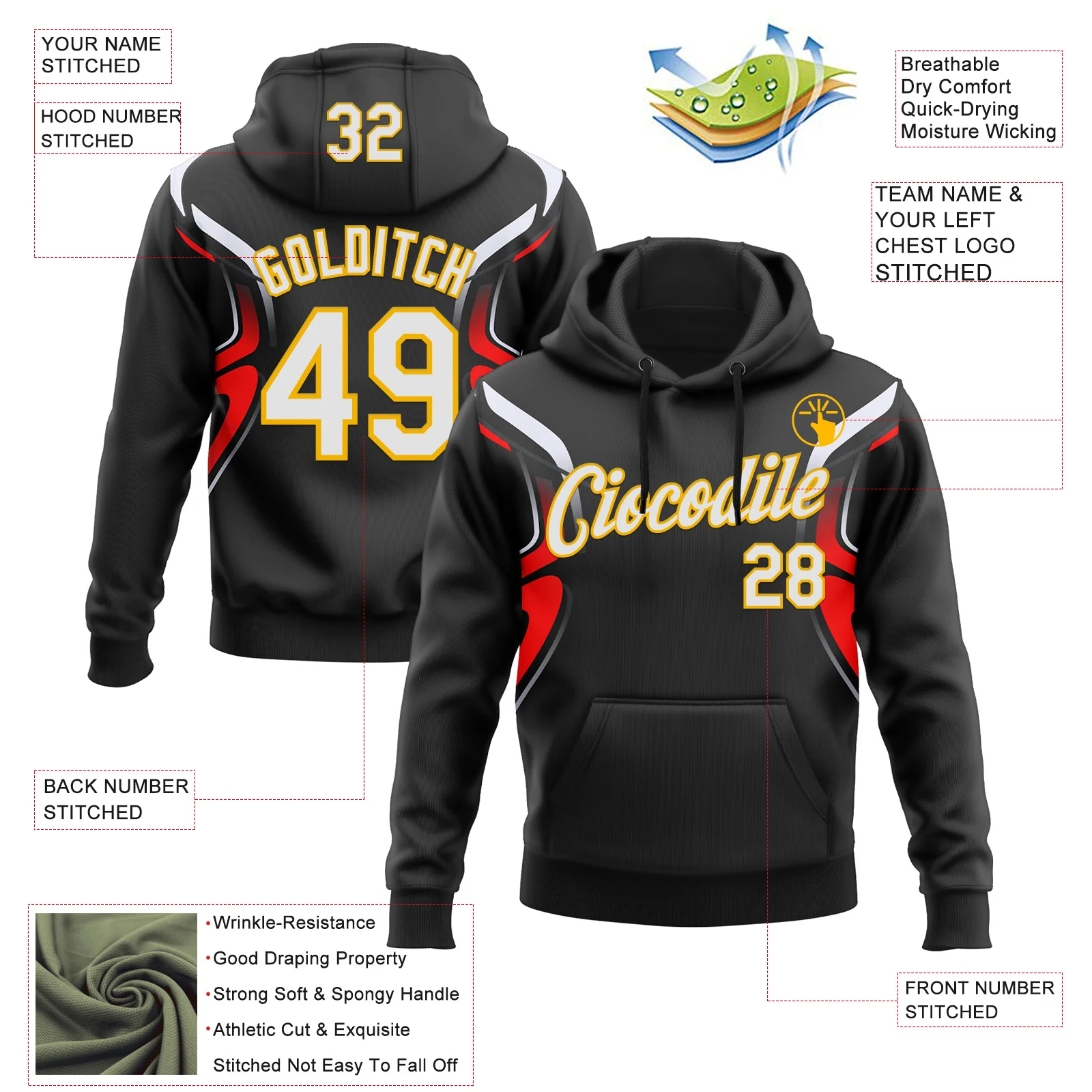 Custom Stitched Black White Red-Gold 3D Pattern Design Sportswear Pullover Sweatshirt Hoodie - Image 2
