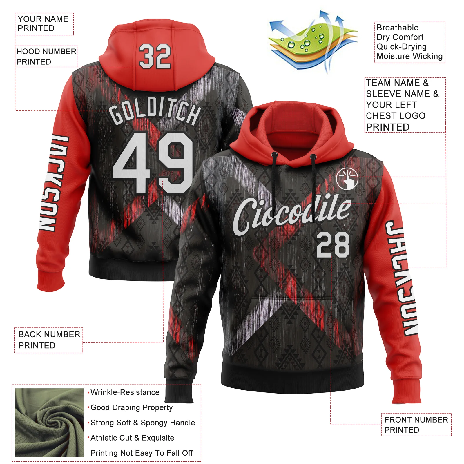 Custom Black White-Red 3D Pattern Design Ethnic Tribal Sportswear Pullover Sweatshirt Hoodie - Image 2