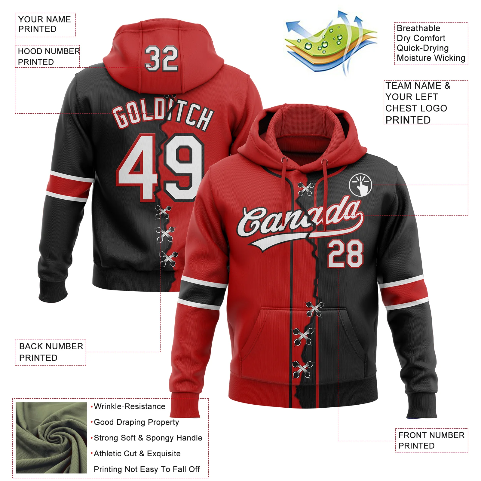 Custom Black White-Red Split Ripped Pattern Baseball Pullover Sweatshirt Hoodie - Image 4