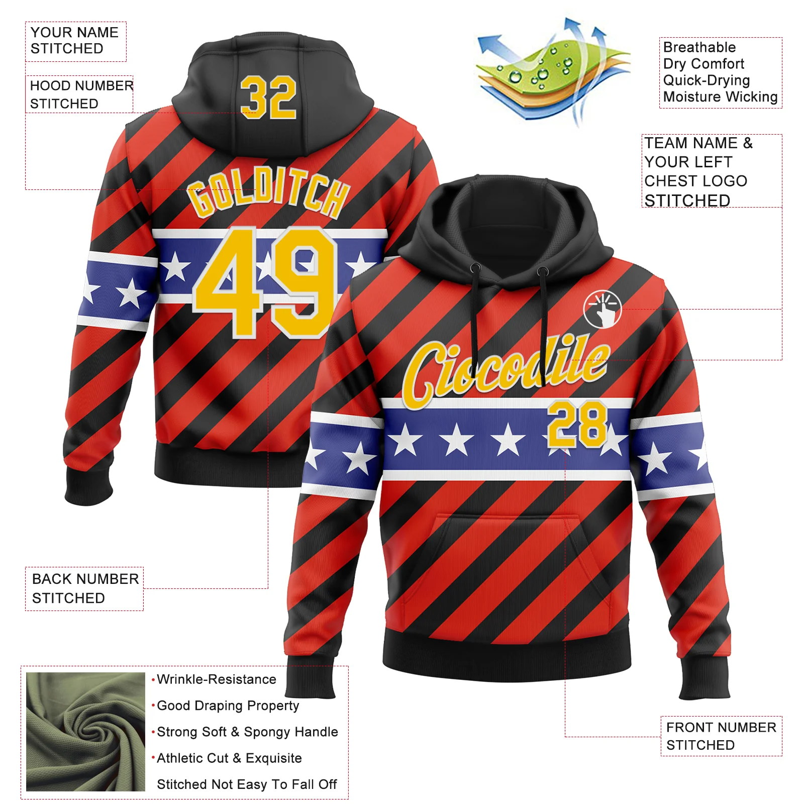 Custom Stitched Black Yellow Red Blue-White 3D Pattern Design American Flag Inspire Patriotic Sportswear Pullover Sweatshirt Hoodie - Image 2