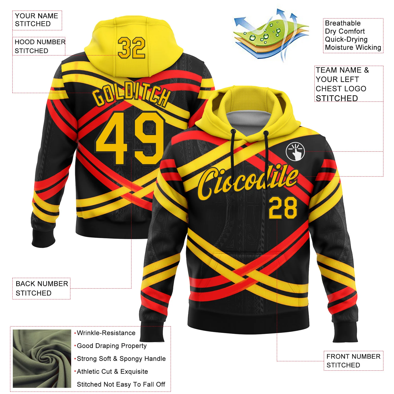 Custom Stitched Black Yellow-Red 3D Pattern Design Germany Inspired Stripe Subtle Tribal Sportswear Pullover Sweatshirt Hoodie - Image 2