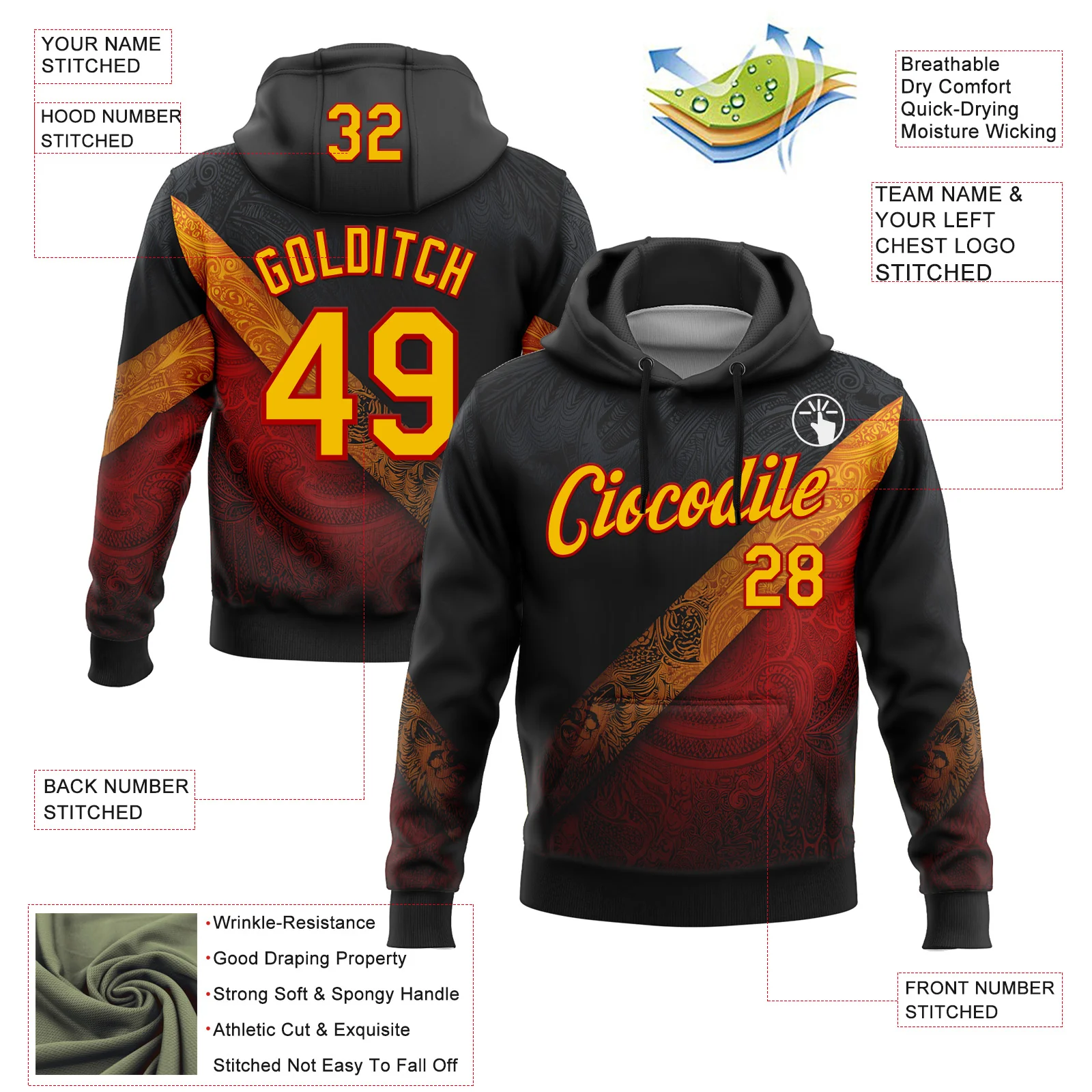 Custom Stitched Black Yellow-Red 3D Pattern Design Germany Inspired Tribal Sportswear Pullover Sweatshirt Hoodie - Image 2