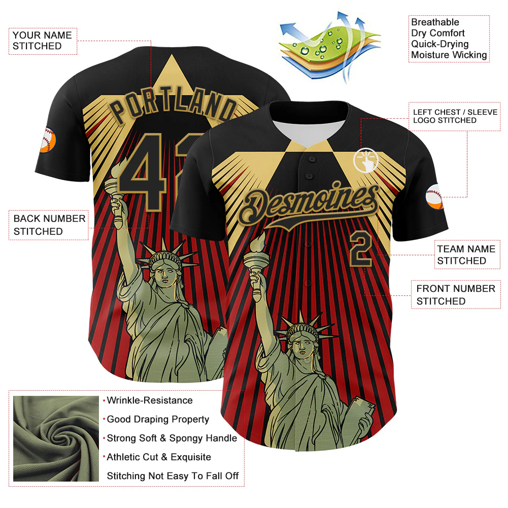 Custom Black Red-Old Gold 3D Pattern Design Patriotic American Symbol Statue of Liberty Authentic Baseball Jersey - Image 3