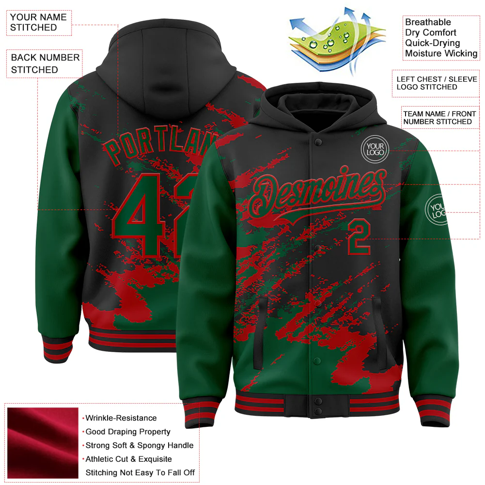 Custom Black Kelly Green-Red Splash Art 3D Pattern Design Bomber Full-Snap Varsity Letterman Hoodie Jacket - Image 4