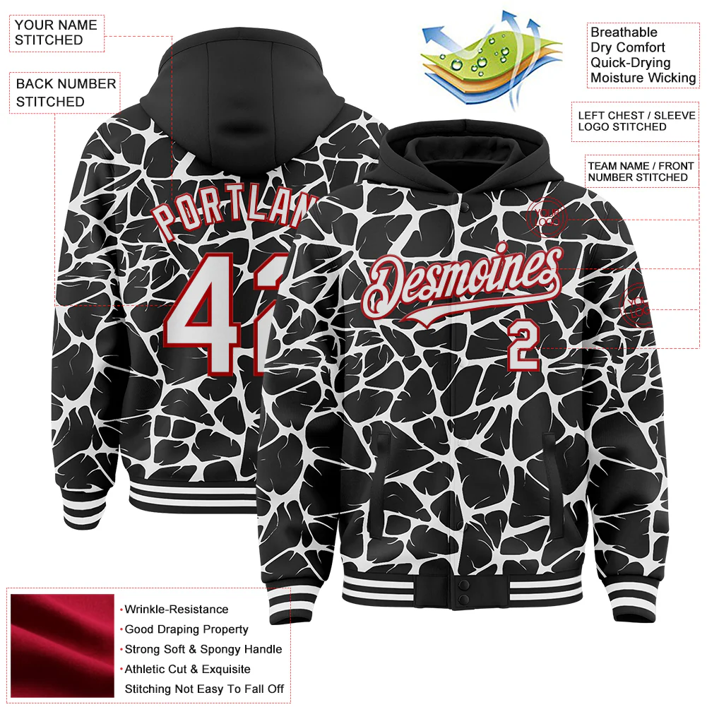 Custom Black White-Red Abstract Network Bomber Full-Snap Varsity Letterman Hoodie Jacket - Image 4