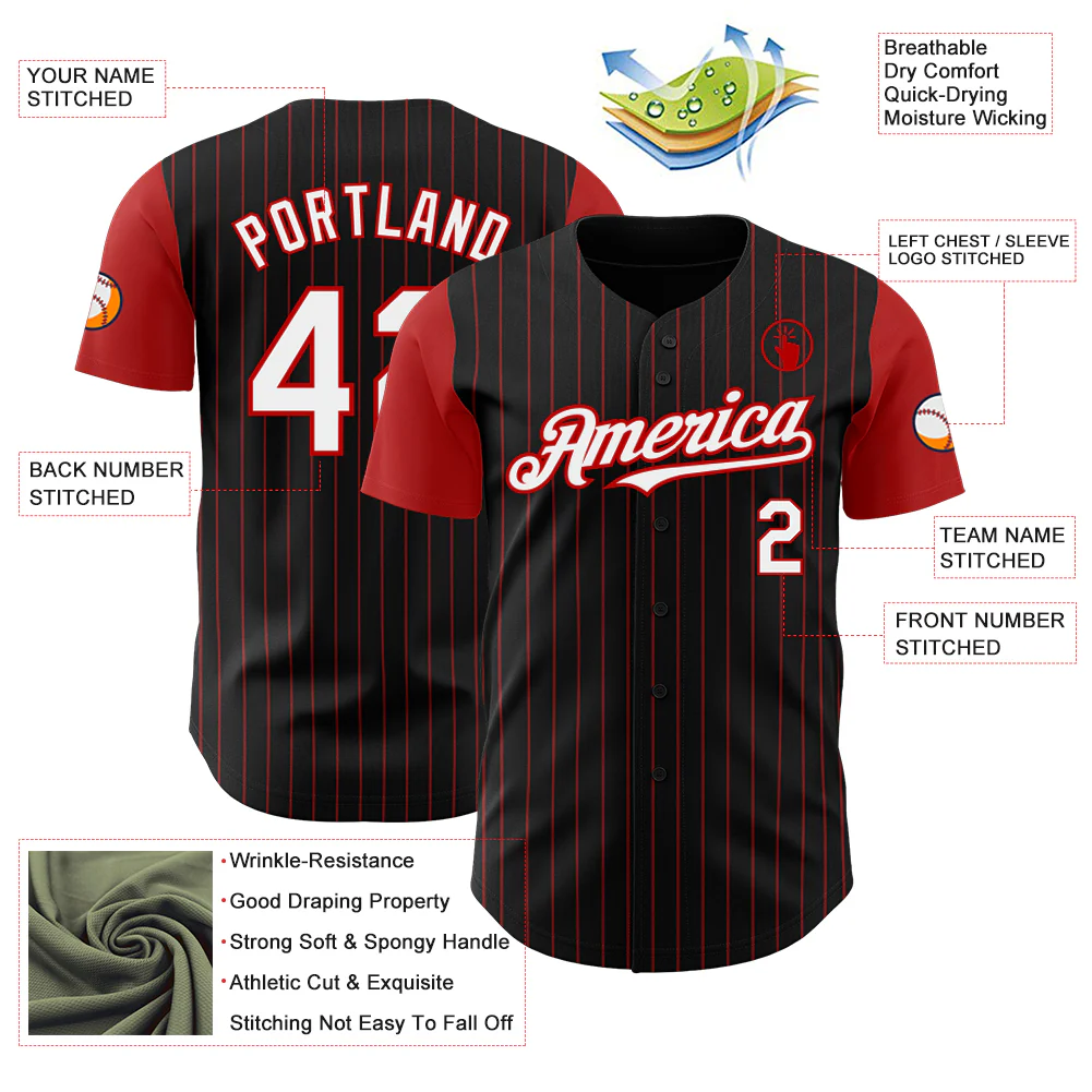 Custom Black Red Pinstripe White Authentic Two Tone Baseball Jersey - Image 3