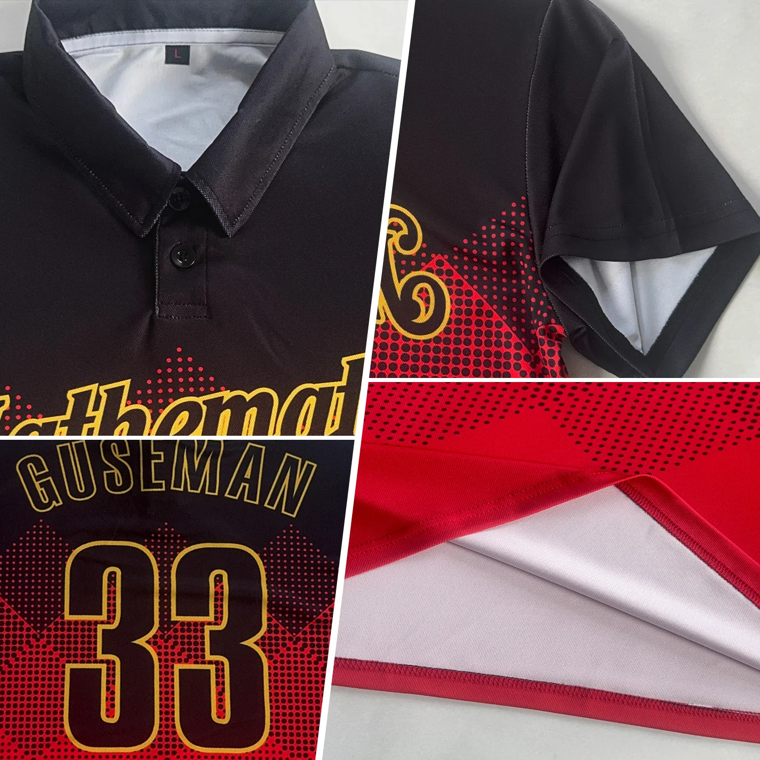 Custom Black Red-Old Gold 3D Pattern Design Gradient Square Shape Performance Polo Shirt - Image 2