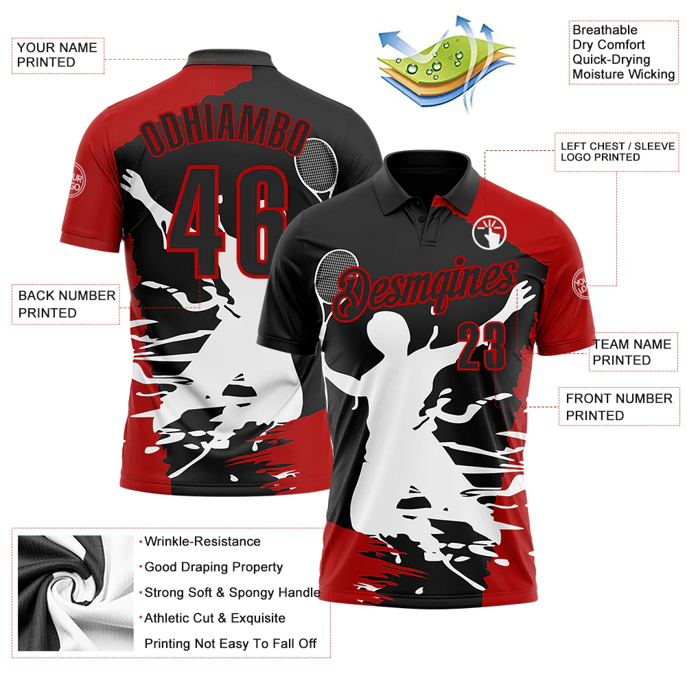 Custom Black Red-White 3D Tennis Performance Polo Shirt - Image 3