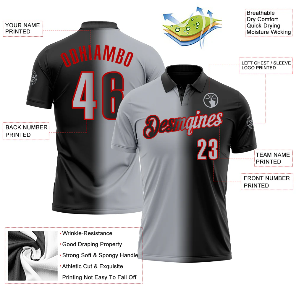 Custom Black Gray-Red 3D Gradient Fashion Performance Polo Shirt - Image 3