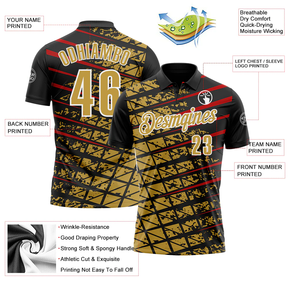 Custom Black Old Gold Red-White 3D Pattern Design Grid And Fragment Art Performance Polo Shirt - Image 3