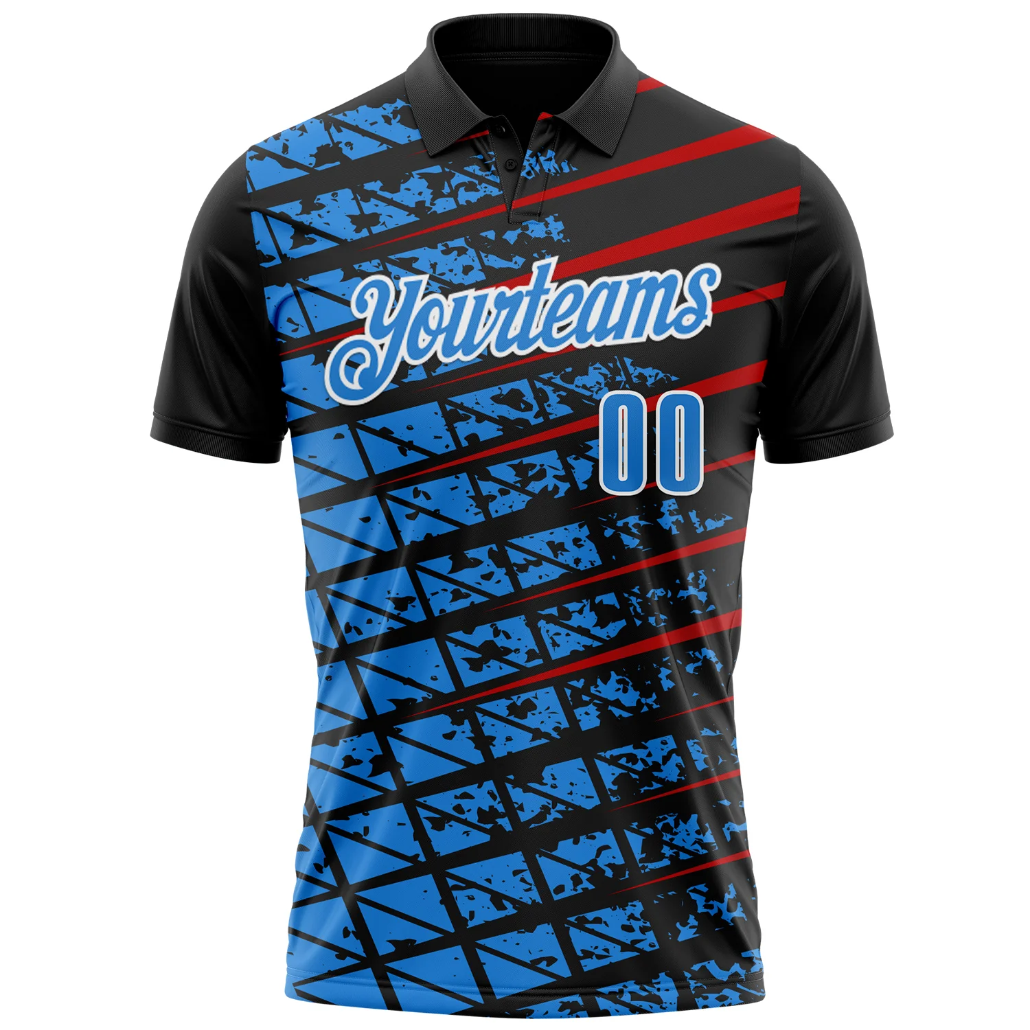 Custom Black Powder Blue Red-White 3D Pattern Design Grid And Fragment Art Performance Polo Shirt - Image 2