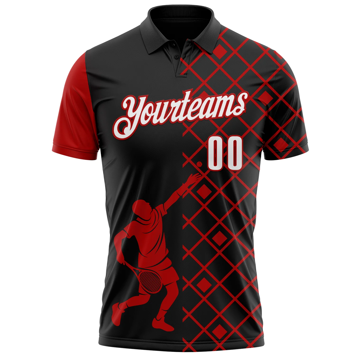 Custom Black White-Red 3D Tennis Performance Polo Shirt - Image 2