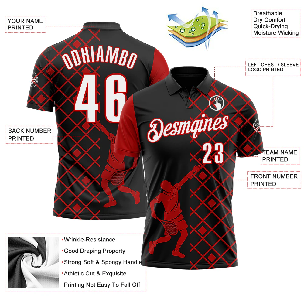 Custom Black White-Red 3D Tennis Performance Polo Shirt - Image 3