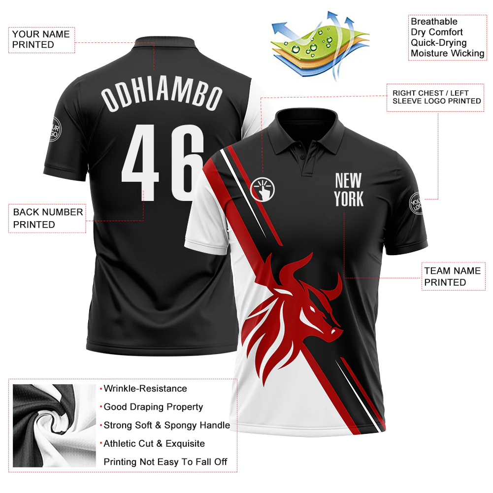 Custom Black White-Red 3D Pattern Design Animal Bull Performance Polo Shirt - Image 3