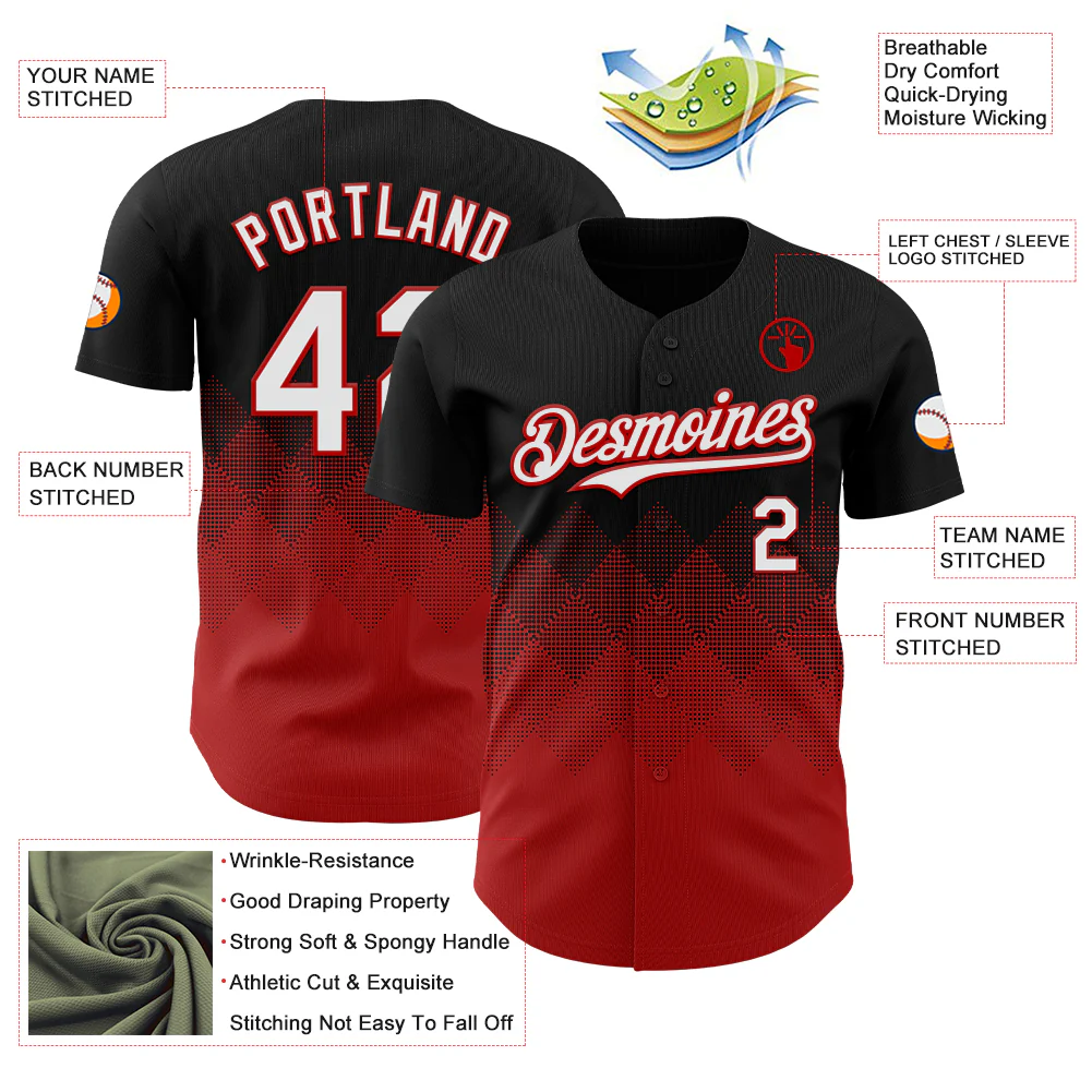 Custom Black White-Red 3D Gradient Square Shape Authentic Baseball Jersey - Image 3