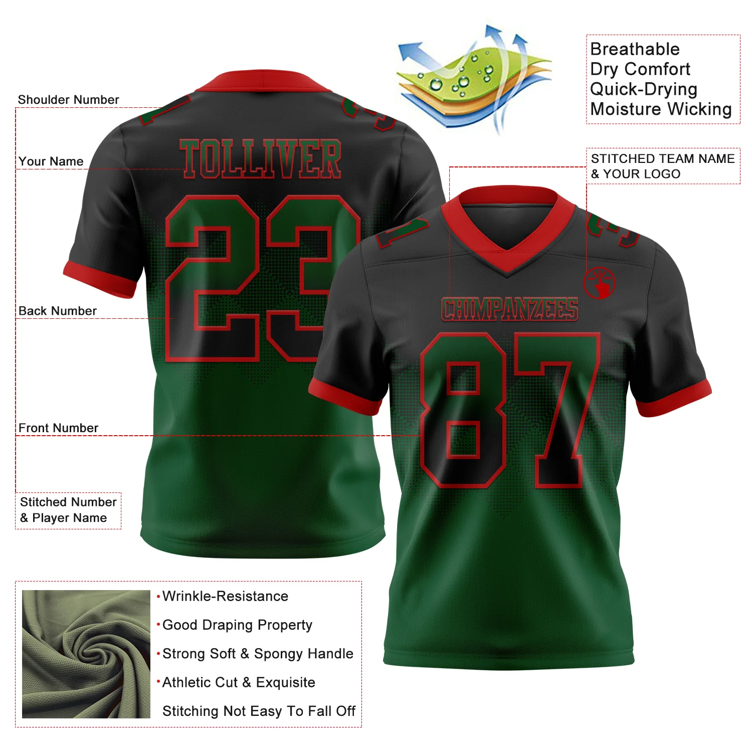 Custom Black Green-Red Authentic Gradient Square Shape Flag Football Jersey - Image 2
