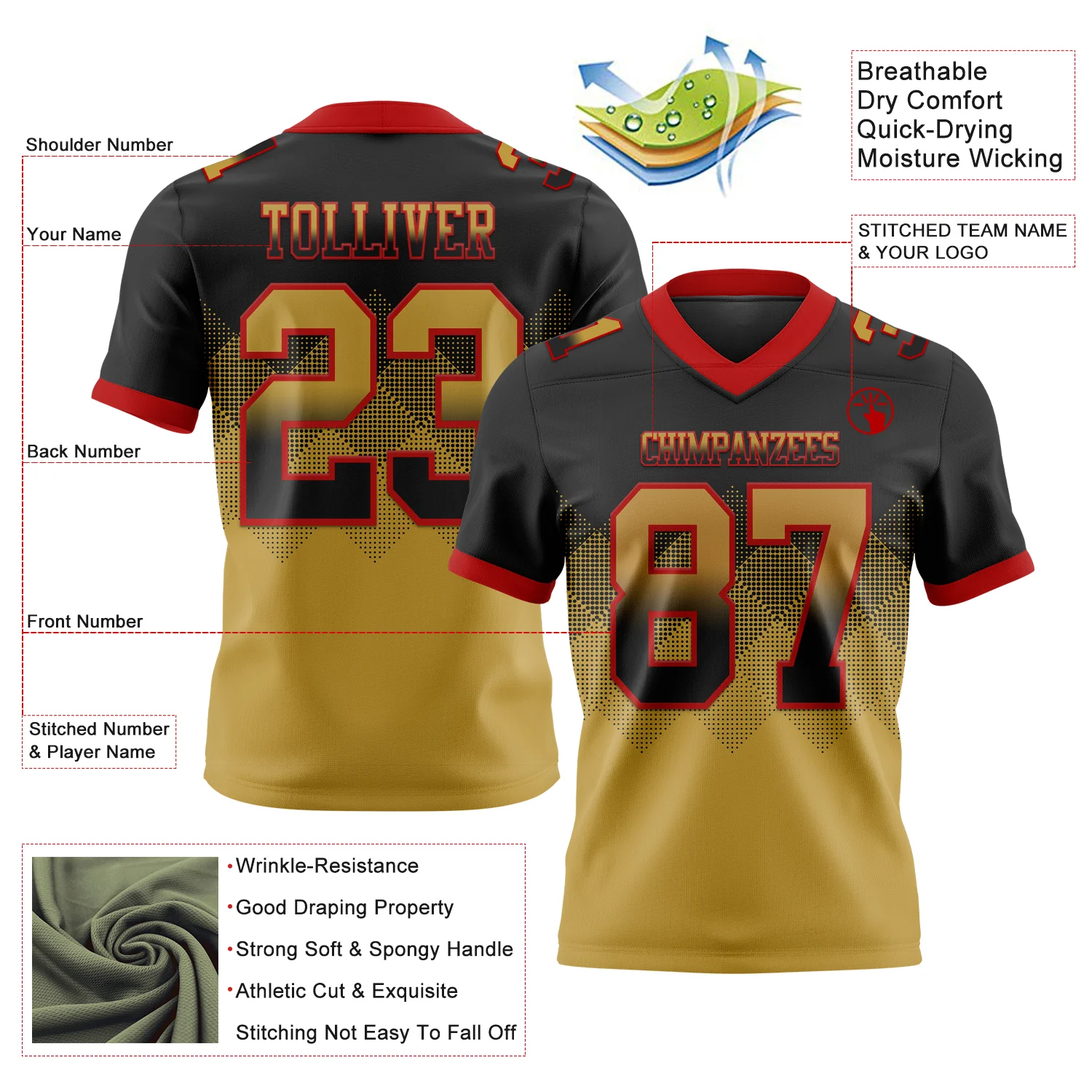 Custom Black Old Gold-Red Authentic Gradient Square Shape Flag Football Jersey - Image 2