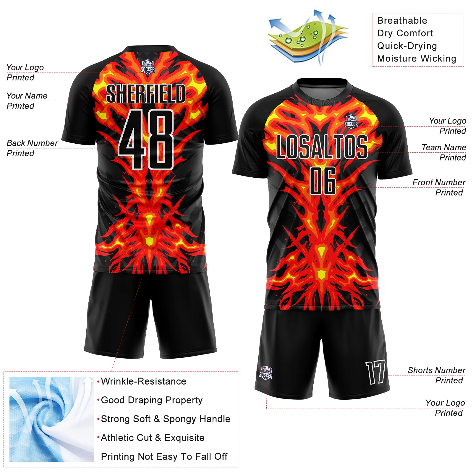 Custom Black Red-White Flame Sublimation Soccer Uniform Jersey - Image 4