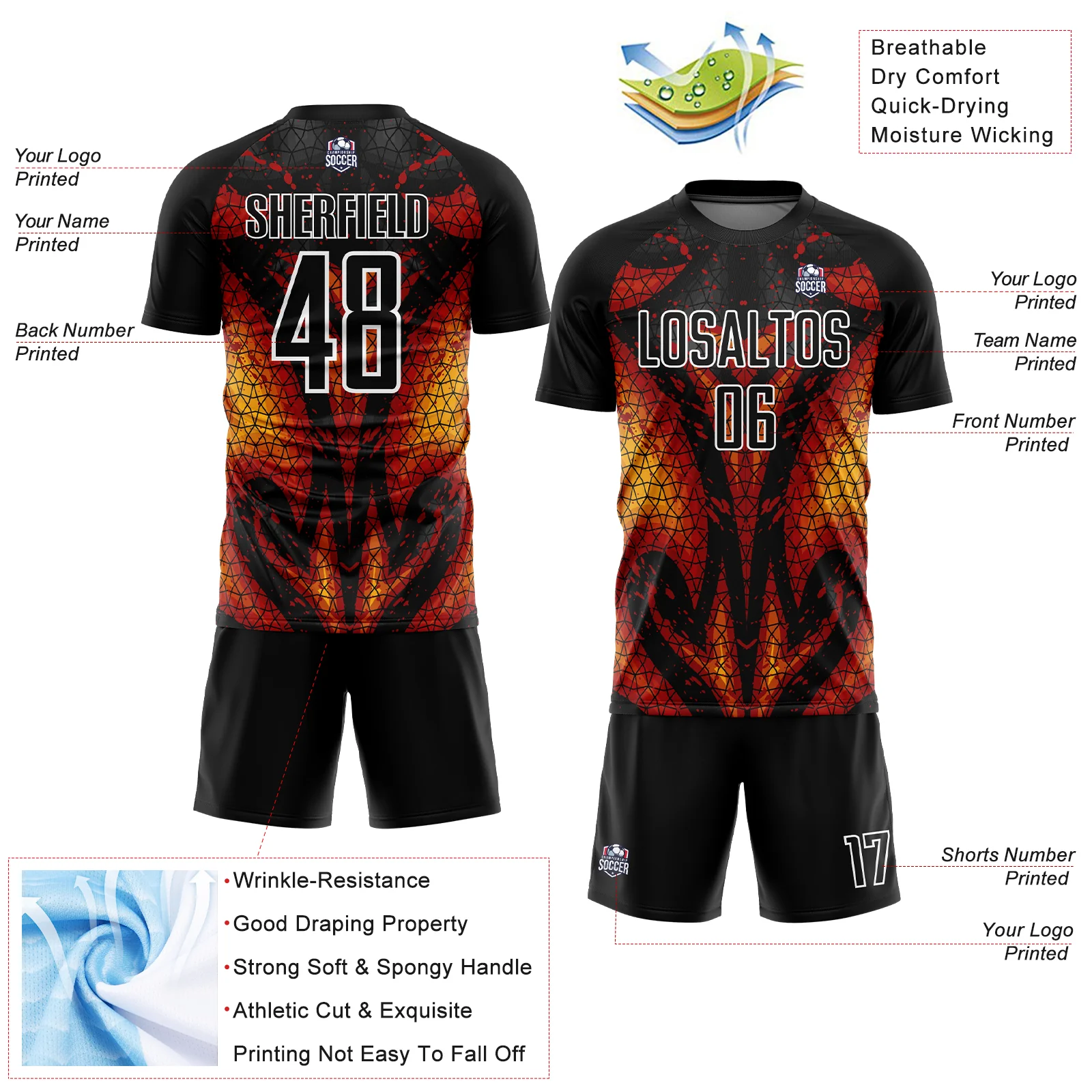 Custom Black Red-Gold Flame Sublimation Soccer Uniform Jersey - Image 4