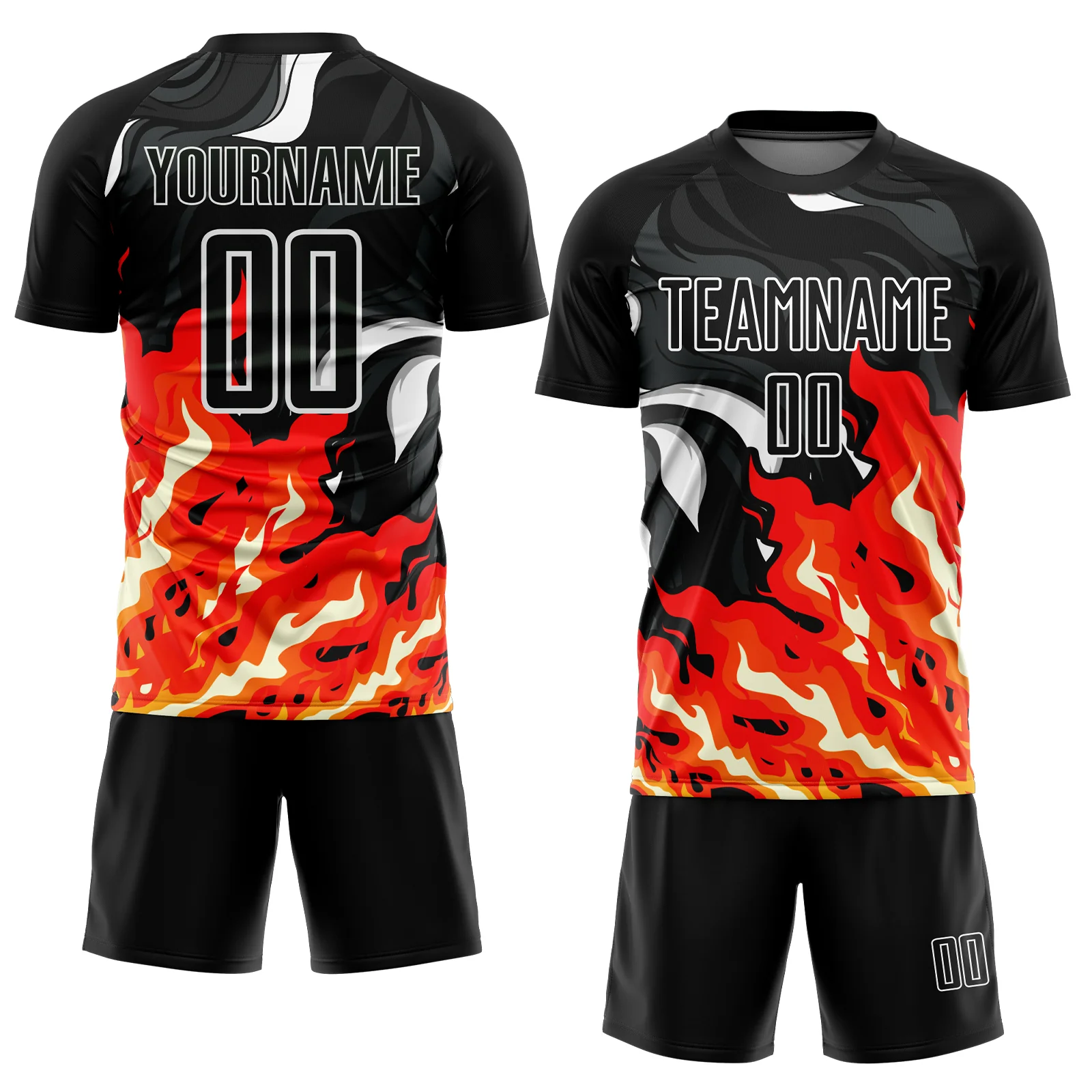 Custom Black Red-Orange Flame Sublimation Soccer Uniform Jersey - Image 2