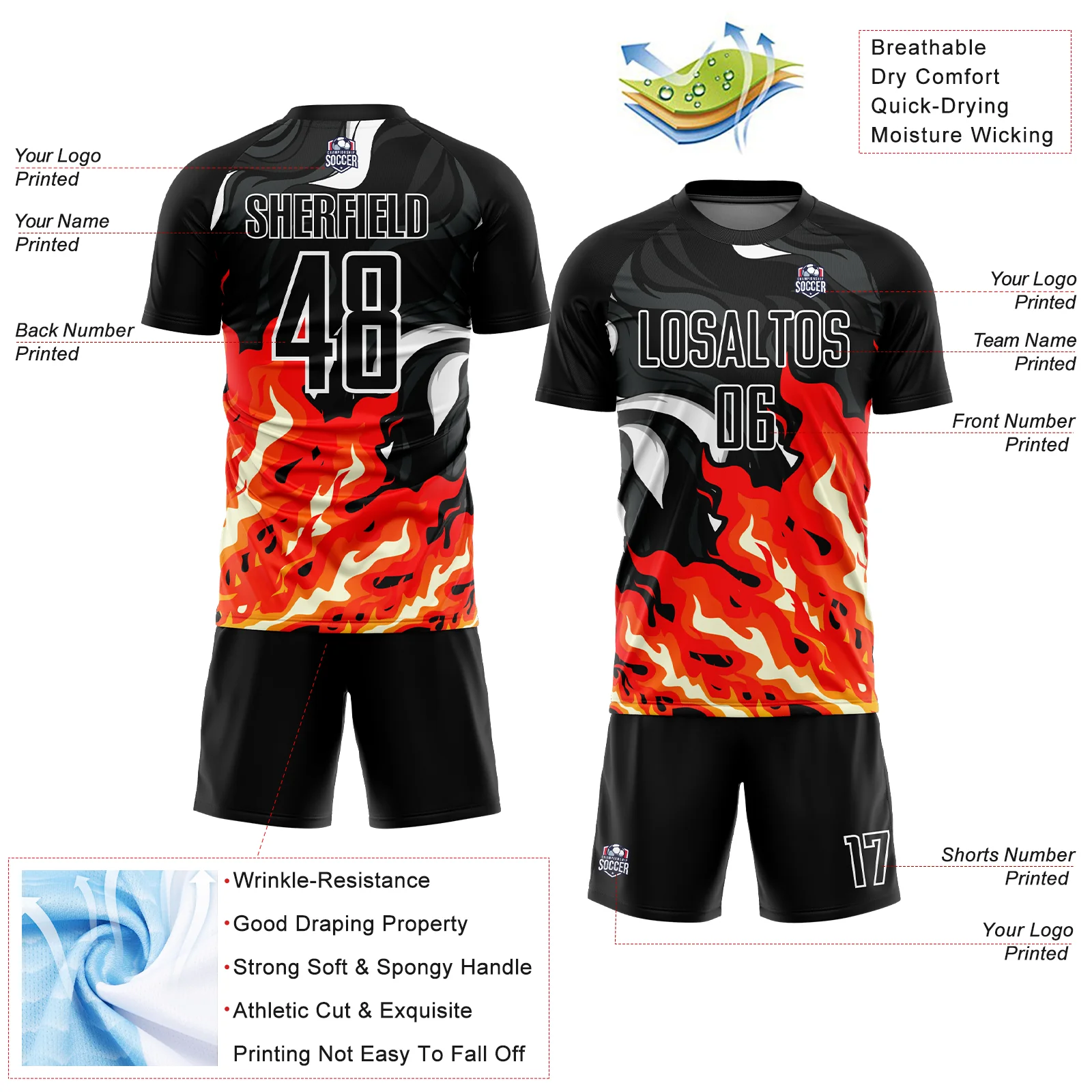 Custom Black Red-Orange Flame Sublimation Soccer Uniform Jersey - Image 4