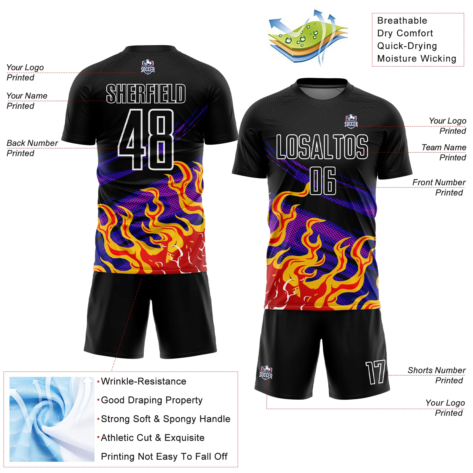 Custom Black Red-Purple Flame Sublimation Soccer Uniform Jersey - Image 4
