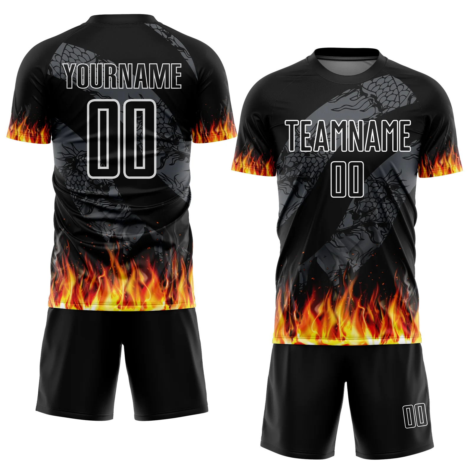 Custom Black Red-Gold Flame Sublimation Soccer Uniform Jersey - Image 2