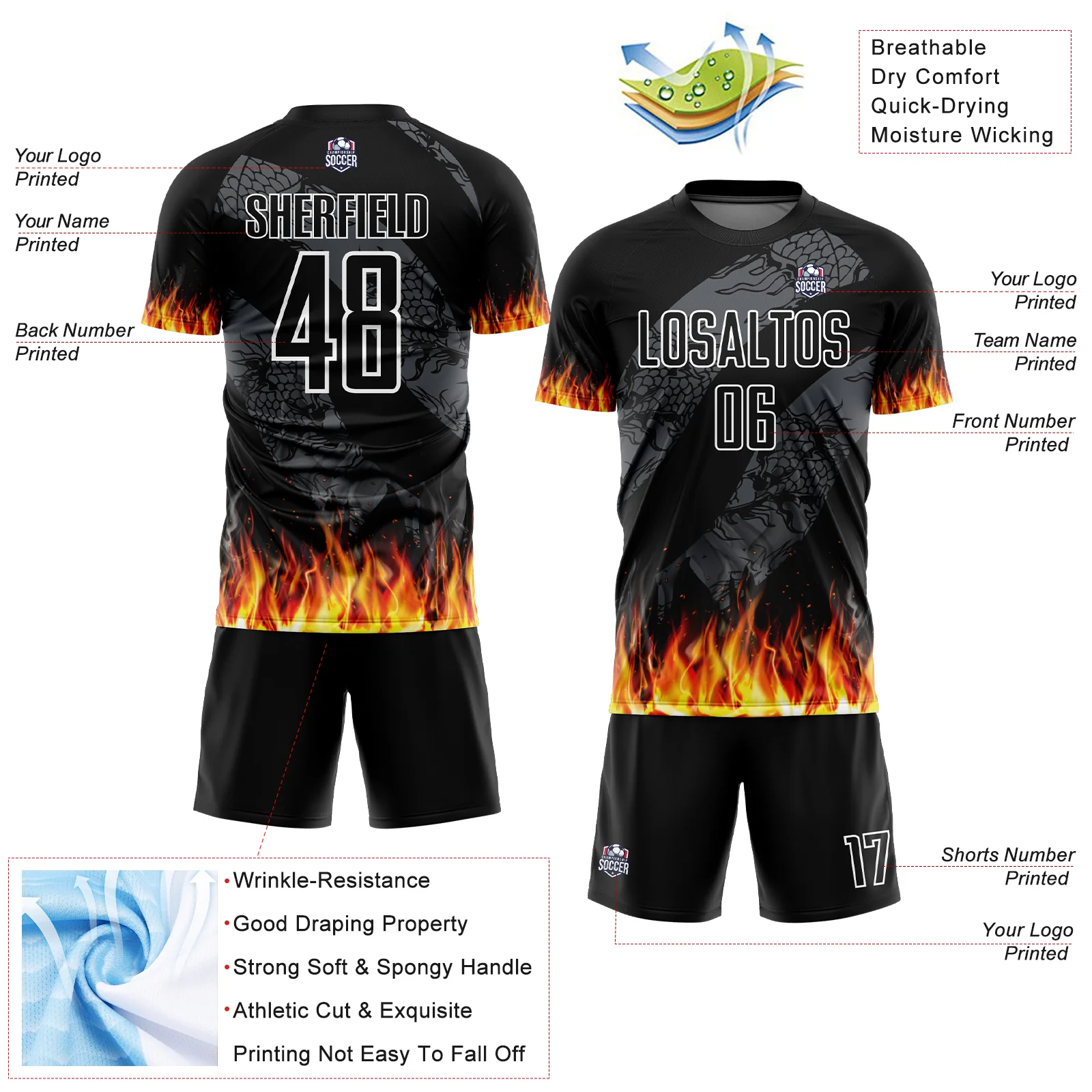 Custom Black Red-Gold Flame Sublimation Soccer Uniform Jersey - Image 4