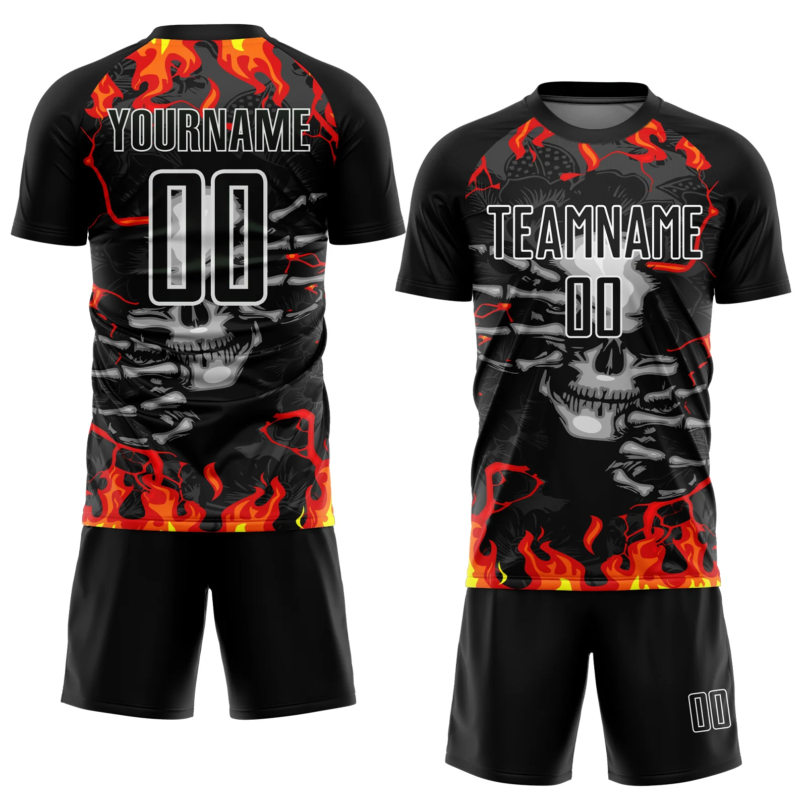 Custom Black Red-Gold Skull Flame Sublimation Soccer Uniform Jersey - Image 2