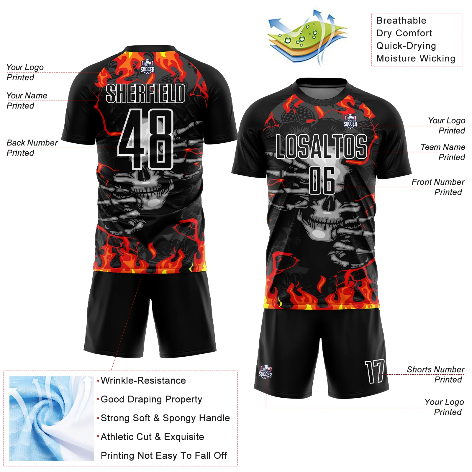 Custom Black Red-Gold Skull Flame Sublimation Soccer Uniform Jersey - Image 4