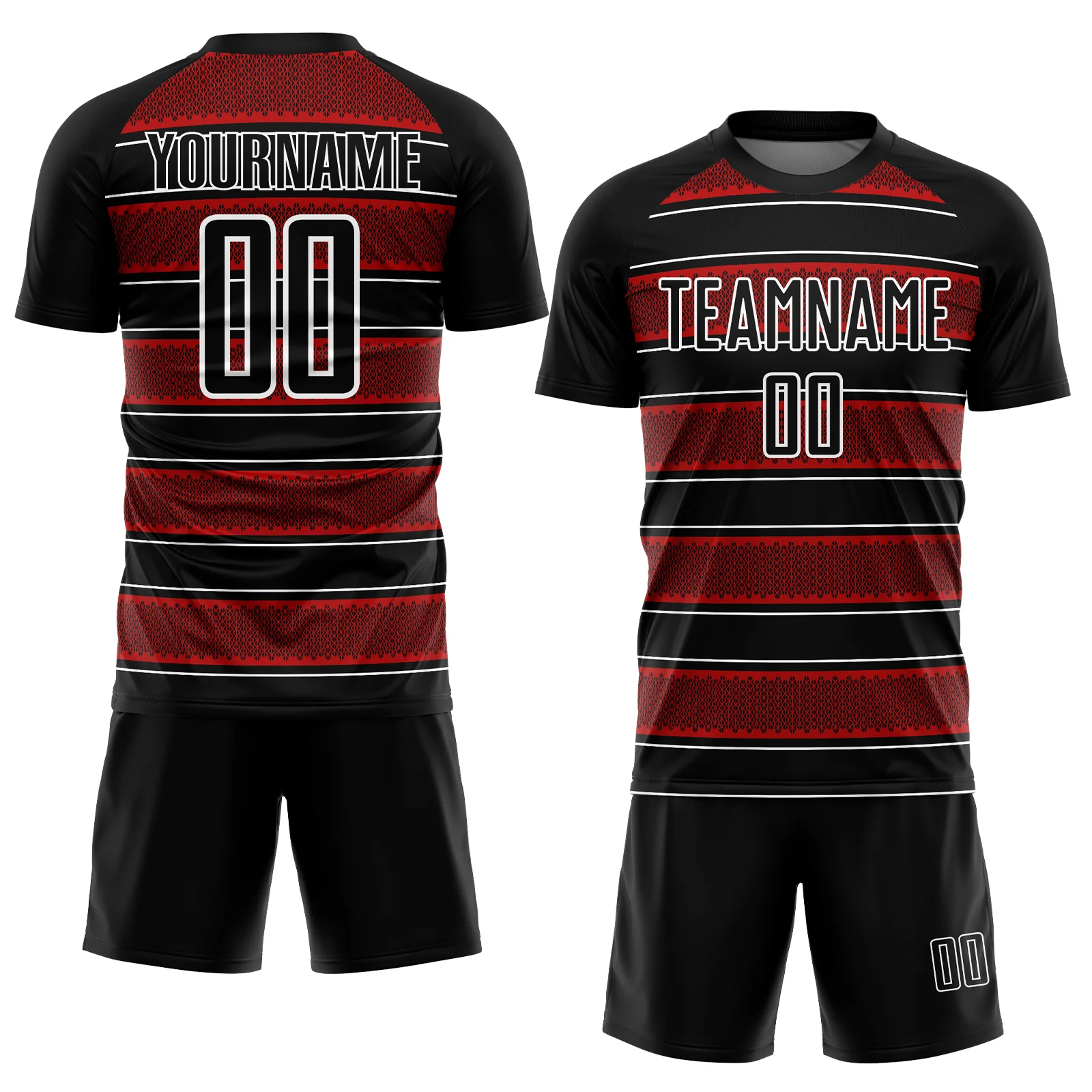 Custom Black Red-White Geometric Shapes And Line Sublimation Soccer Uniform Jersey - Image 2