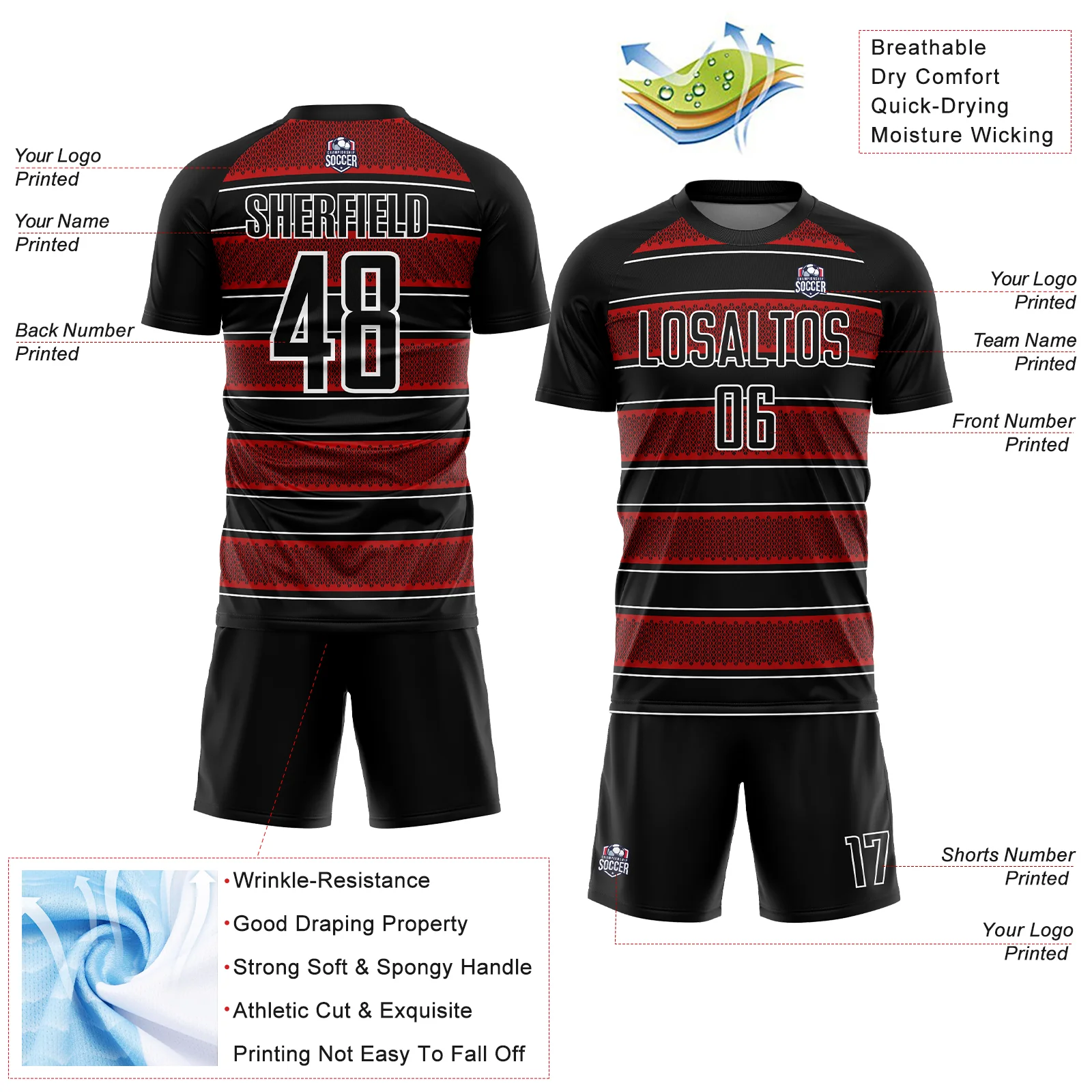 Custom Black Red-White Geometric Shapes And Line Sublimation Soccer Uniform Jersey - Image 4